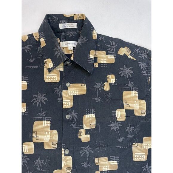 VINTAGE Pierre Cardin Hawaiian Shirt Men Medium Black Palm Trees Print - Picture 2 of 5